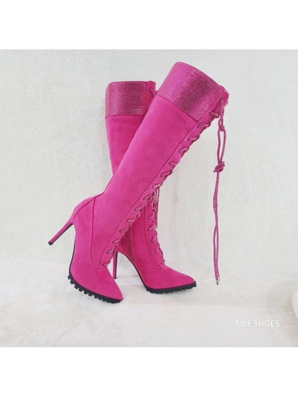 Queens FX Suede & Rhinestone Pointy Toe High Heels Stiletto Lace Up Knee Boots